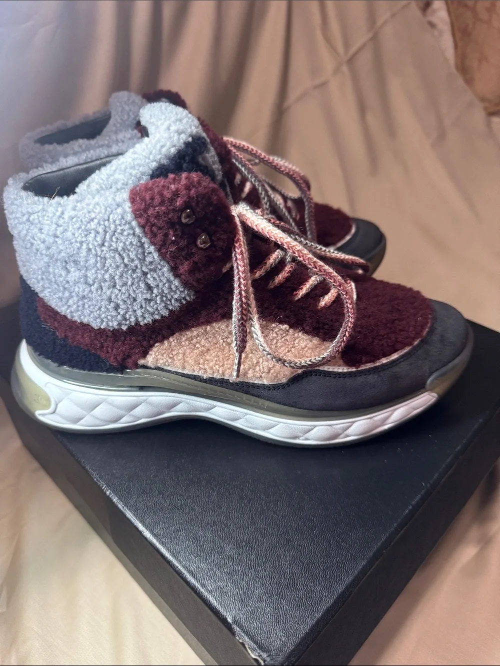 CHANEL womens Burgundy & Gray Shearling High-Top Sneakers